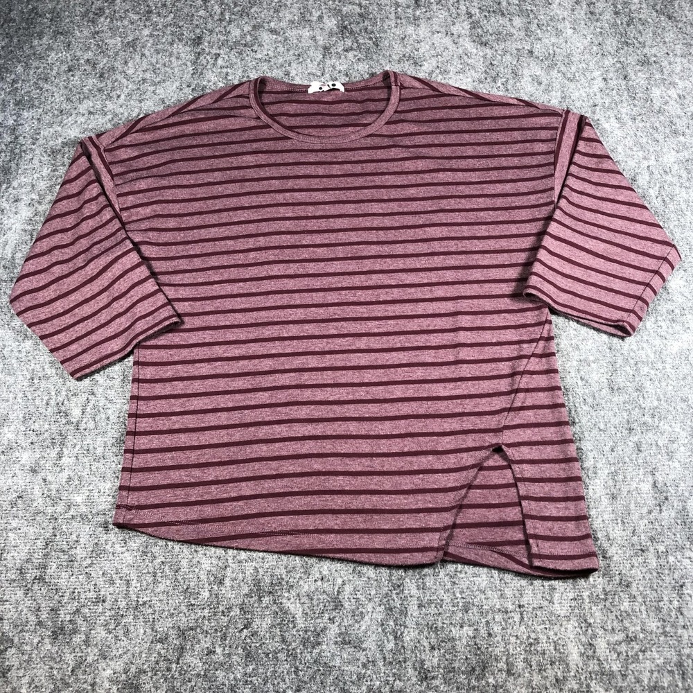 Three Dots Shirt Womens Small Burgundy Striped 3/4 Sleeve Crewneck Split Hem